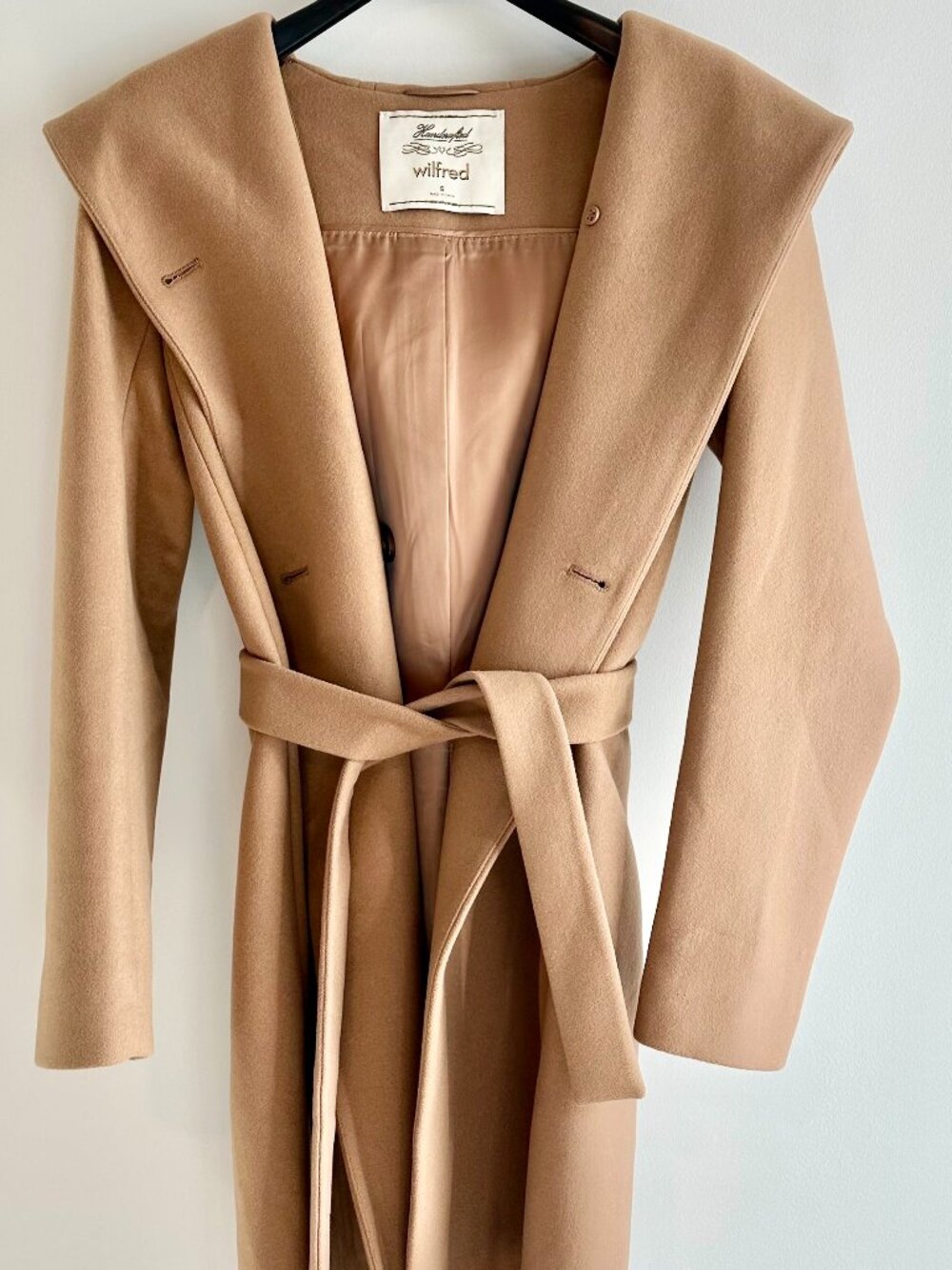 Aritzia Wilfred Belted, Hooded Wool Coat | Camel | Women’s Small | Quiet Luxury